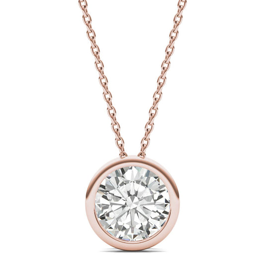 1.90 CTW DEW Round Forever One Moissanite Bezel Set Solitaire Pendant in 14K Rose Gold