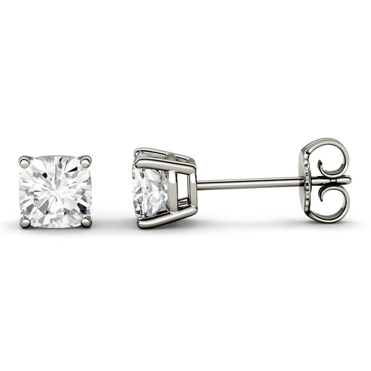 4.00 CTW DEW Cushion Forever One Moissanite Four Prong Stud Earrings in 14K White Gold