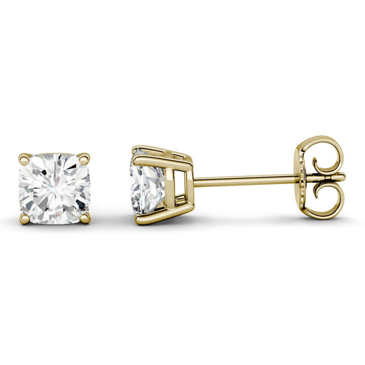 6.60 CTW DEW Cushion Forever One Moissanite Four Prong Stud Earrings in 14K Yellow Gold