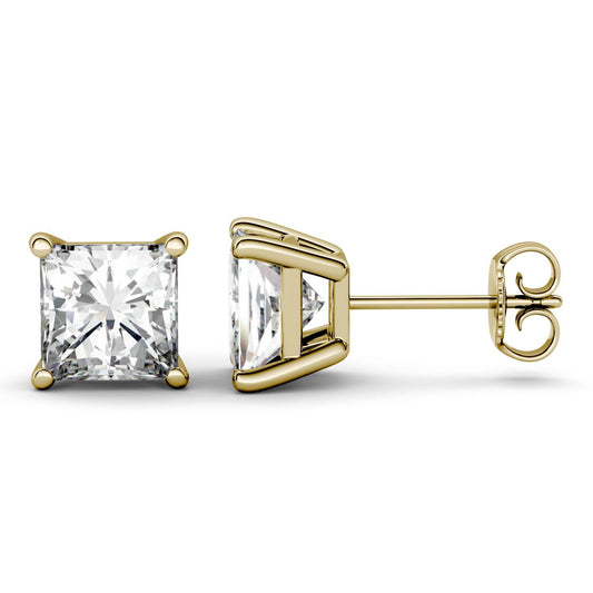 2.00 CTW DEW Princess Forever One Moissanite Four Prong Stud Earrings in 14K Yellow Gold