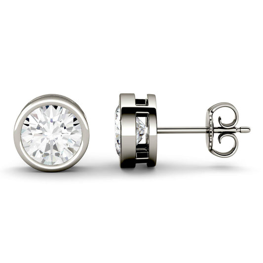 2.00 CTW DEW Round Forever One Moissanite Bezel Set Stud Earrings in 14K White Gold