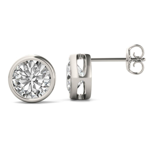 3.00 CTW DEW Round Forever One Moissanite Bezel Set Stud Earrings in 14K White Gold