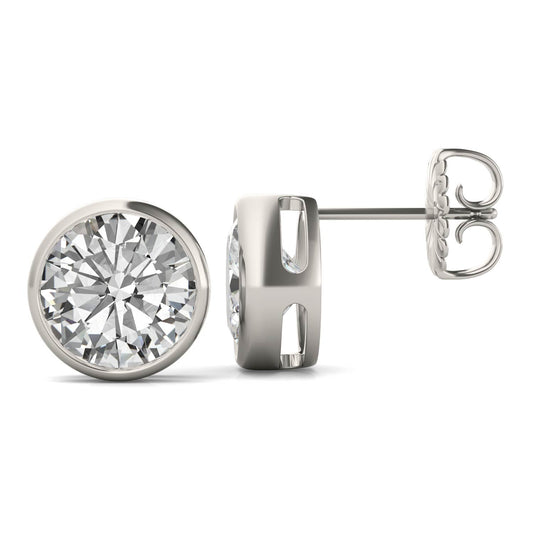 3.80 CTW DEW Round Forever One Moissanite Bezel Set Stud Earrings in 14K White Gold