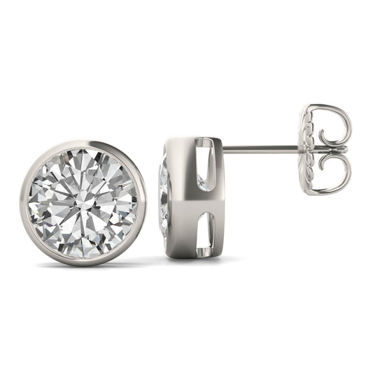 3.80 CTW DEW Round Forever One Moissanite Bezel Set Stud Earrings in 14K White Gold