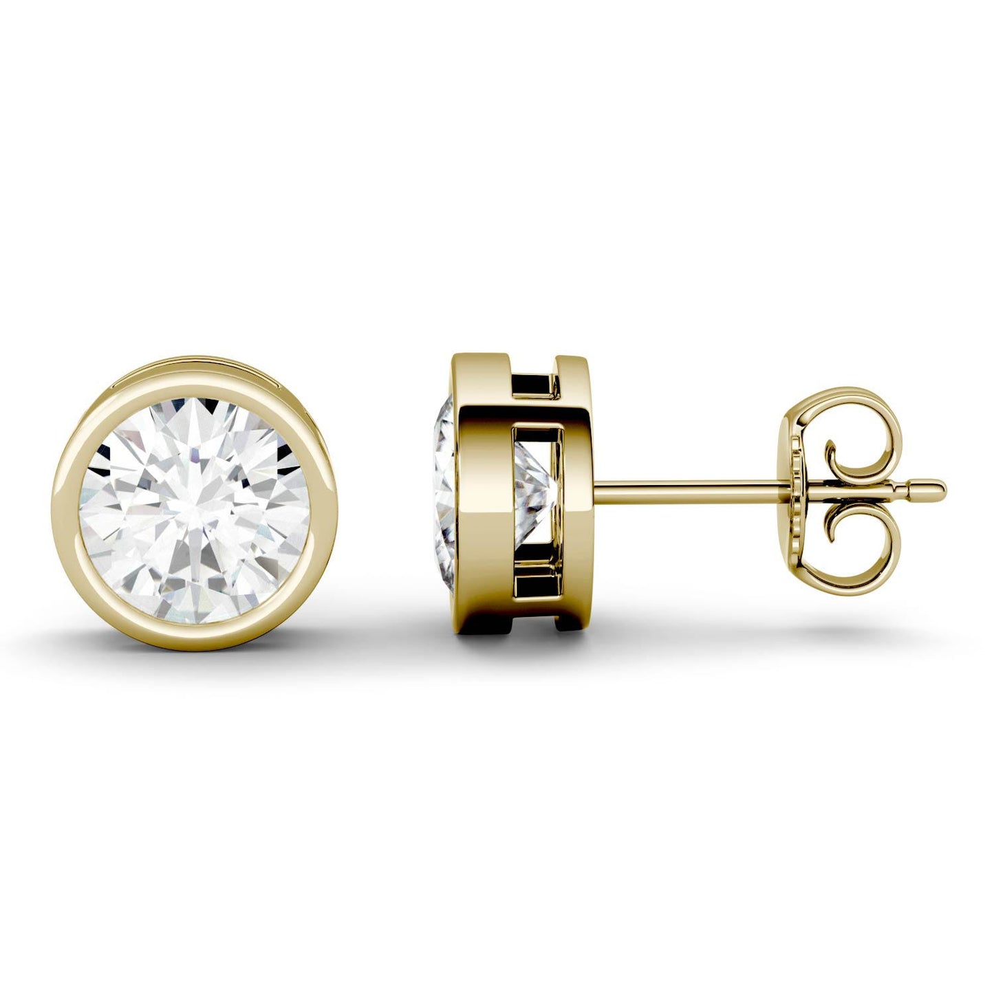2.00 CTW DEW Round Forever One Moissanite Bezel Set Stud Earrings in 14K Yellow Gold