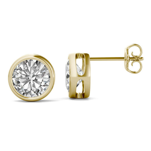 3.00 CTW DEW Round Forever One Moissanite Bezel Set Stud Earrings in 14K Yellow Gold