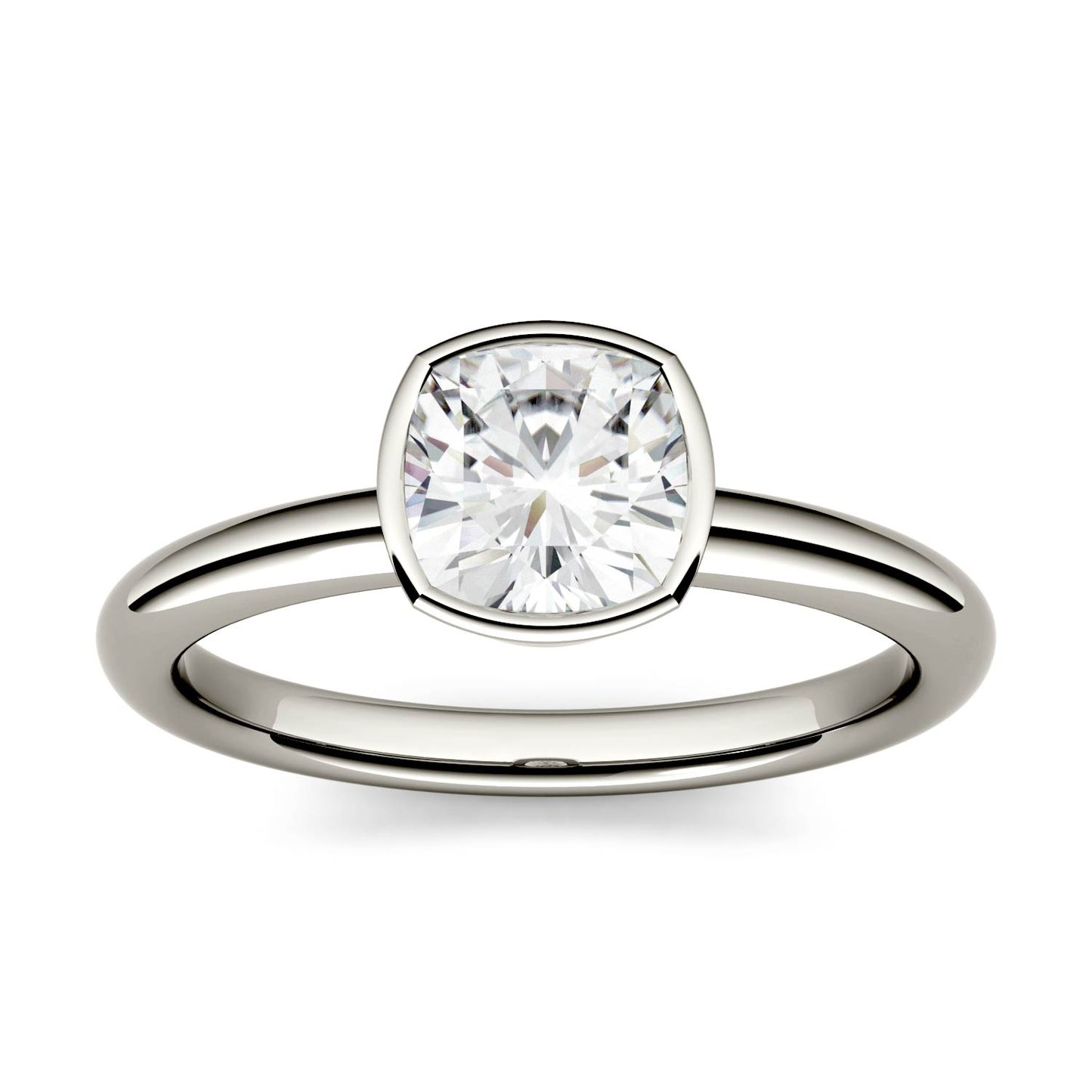 1.10 CTW DEW Cushion Forever One Moissanite Bezel Set Solitaire Engagement Ring in 14K White Gold