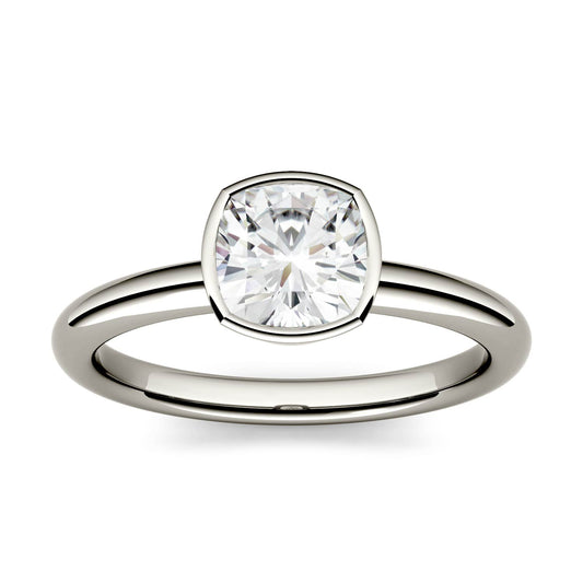 1.10 CTW DEW Cushion Forever One Moissanite Bezel Set Solitaire Engagement Ring in 14K White Gold