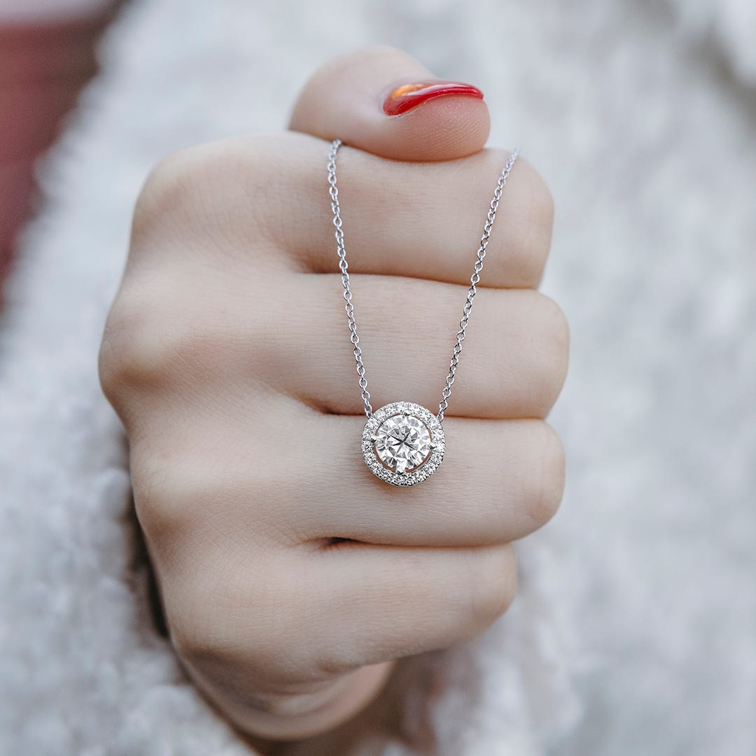 1.19 CTW DEW Round Forever One Moissanite Halo Necklace in 14K White Gold