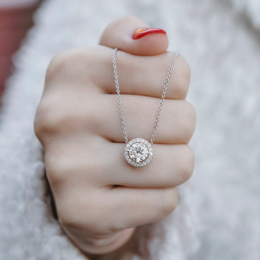 1.19 CTW DEW Round Forever One Moissanite Halo Necklace in 14K White Gold