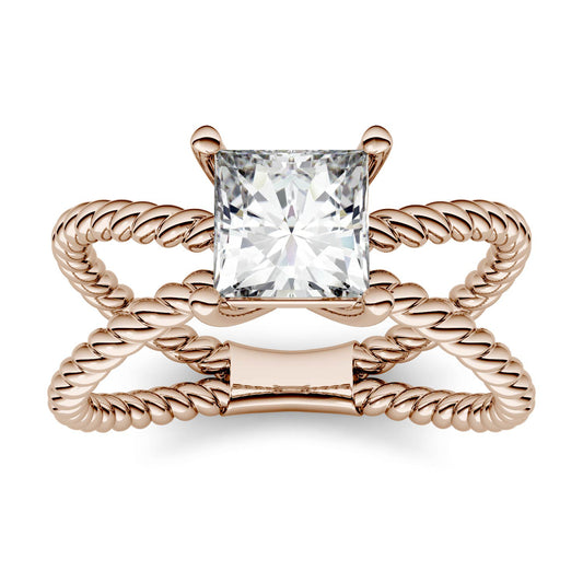 1.00 CTW DEW Square Forever One Moissanite Split Shank Solitaire Fashion Ring in 14K Rose Gold