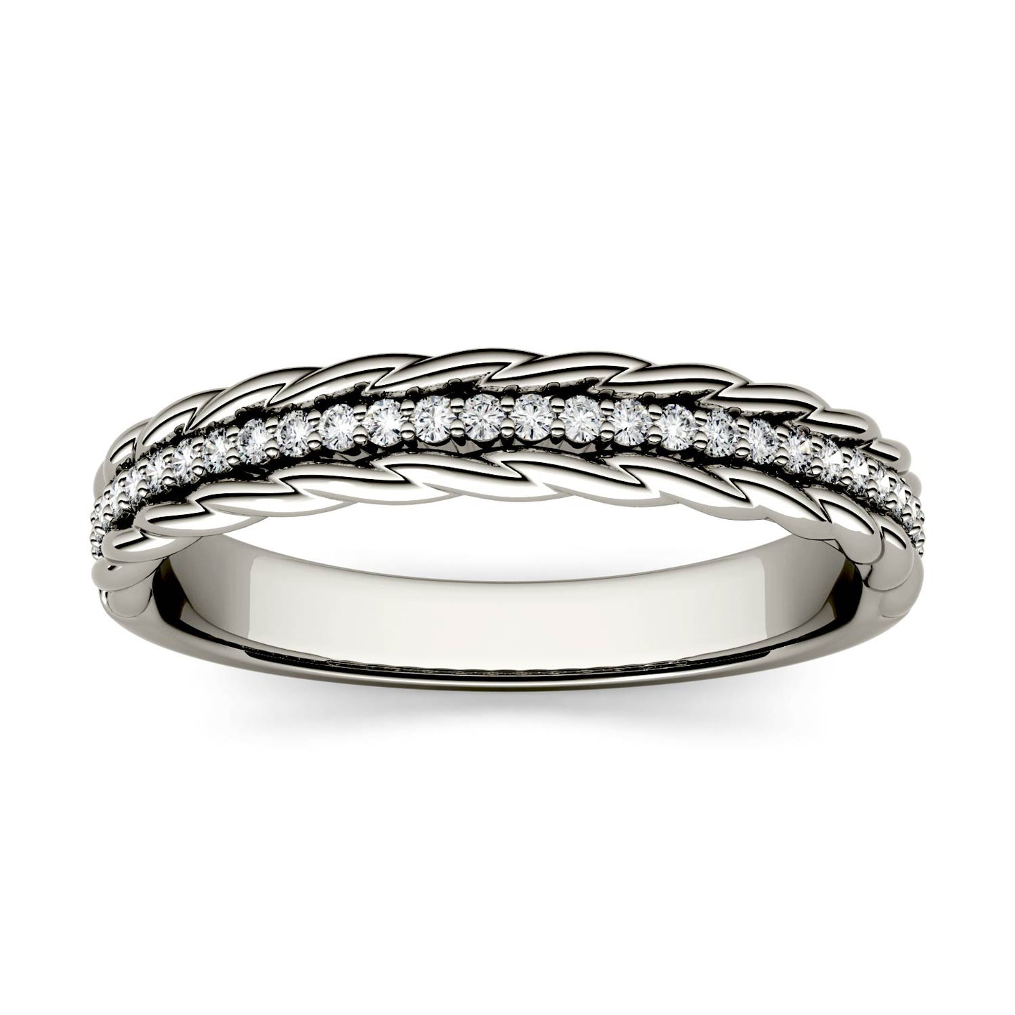 0.14 CTW DEW Round Forever One Moissanite Textured Stackable Band in 14K White Gold