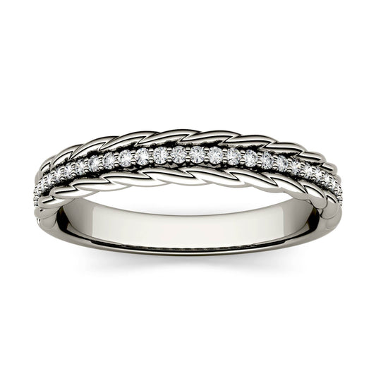 0.14 CTW DEW Round Forever One Moissanite Textured Stackable Band in 14K White Gold