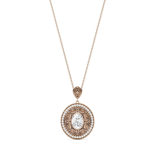 1.70 CTW DEW Oval Forever One Moissanite Oval with Scroll Detail Necklace in 14K Rose Gold