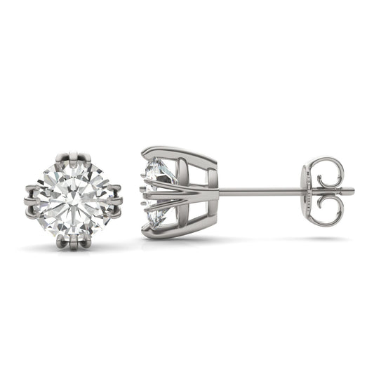 2.00 CTW DEW Round Forever One Moissanite Triple Prong Solitaire Stud Earrings in 14K White Gold