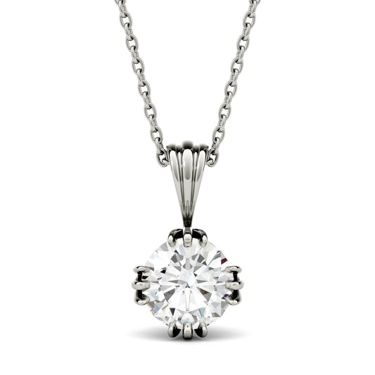 1.00 CTW DEW Round Forever One Moissanite Tripe Prong Solitaire Pendant in 14K White Gold