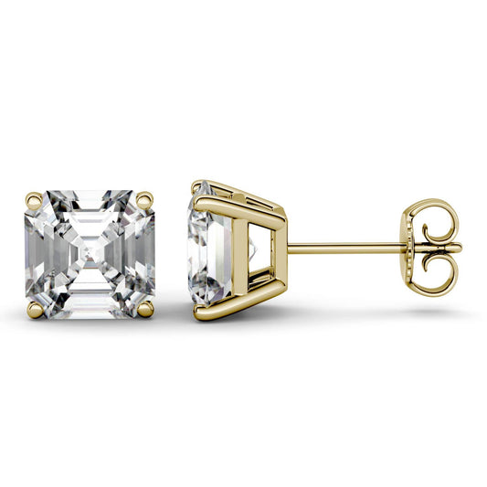2.60 CTW DEW Asscher Forever One Moissanite Four Prong Solitaire Stud Earrings in 14K Yellow Gold