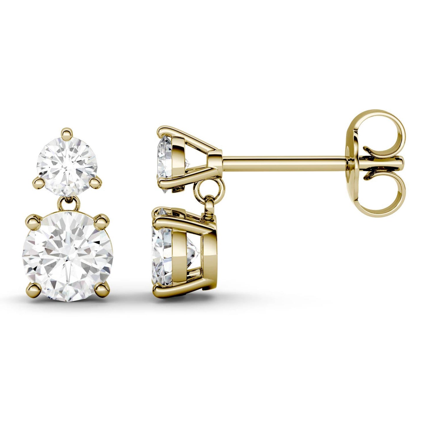 2.06 CTW DEW Round Forever One Moissanite Two Stone Drop Earrings in 14K Yellow Gold