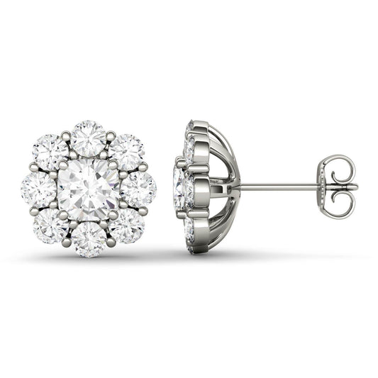 3.20 CTW DEW Cushion Forever One Moissanite Halo Floral Stud Earrings in 14K White Gold