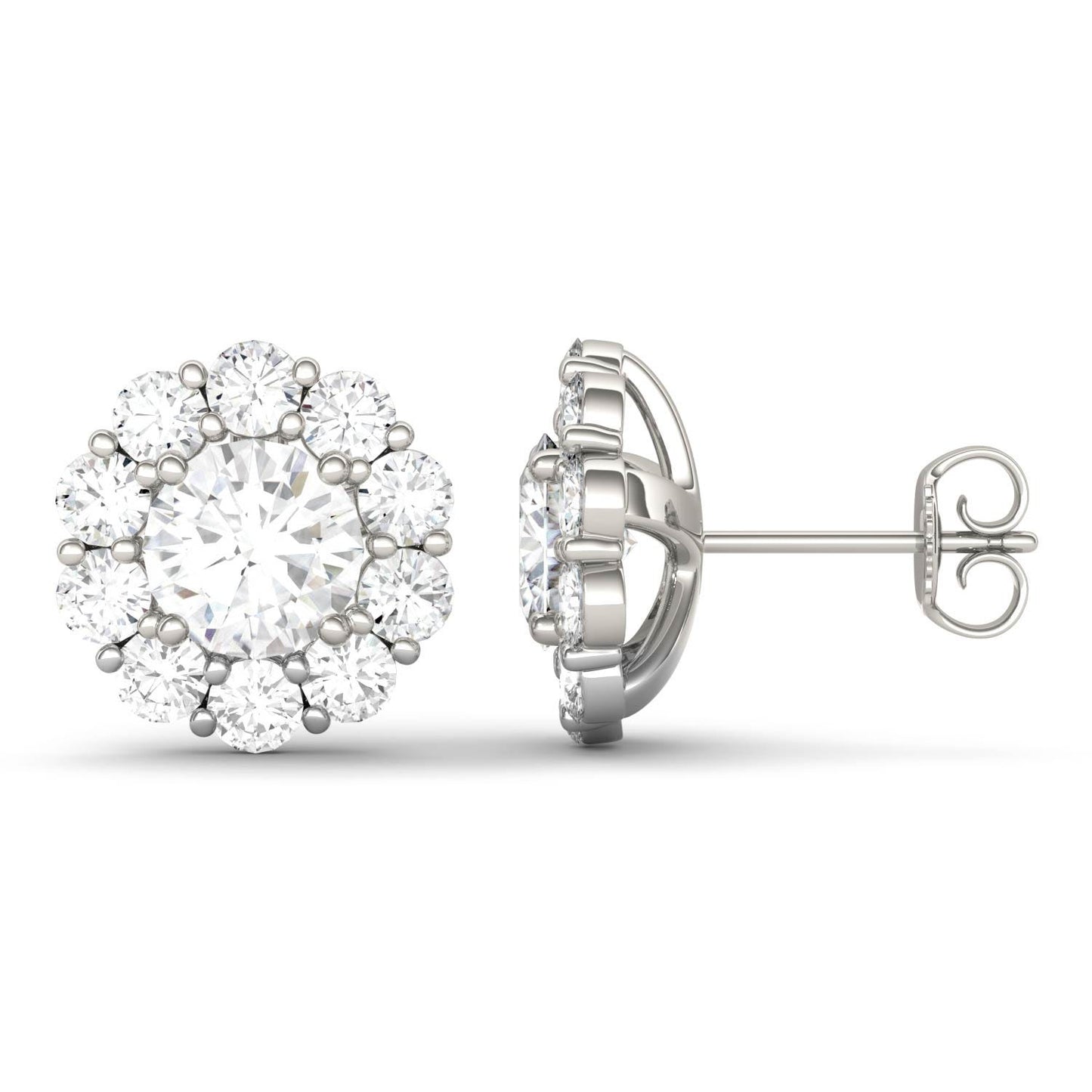 4.00 CTW DEW Round Forever One Moissanite Floral Halo Stud Earrings in 14K White Gold