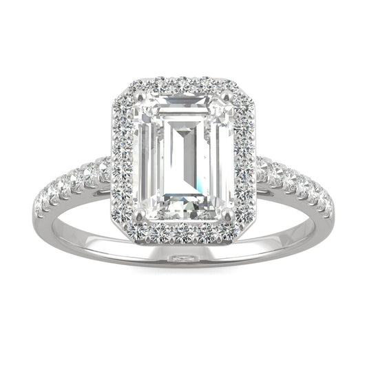 2.04 CTW DEW Emerald Forever One Moissanite Halo with Side Accents Engagement Ring in 14K White Gold