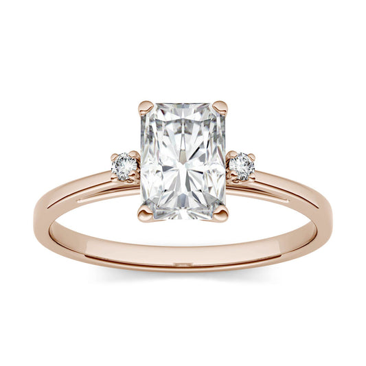 1.24 CTW DEW Radiant Forever One Moissanite Solitaire with Side Accents Engagement Ring in 14K Rose Gold