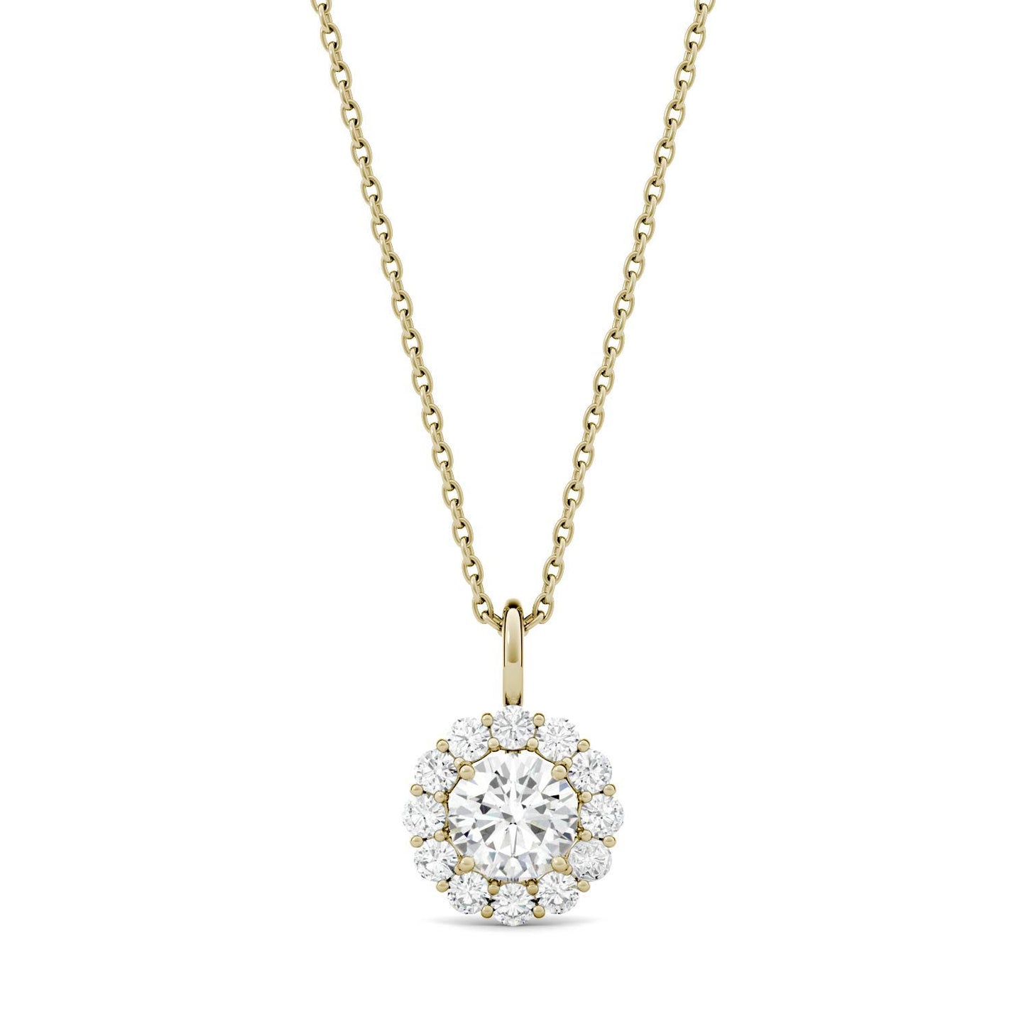 0.96 CTW DEW Round Forever One Moissanite Halo Necklace in 14K Yellow Gold