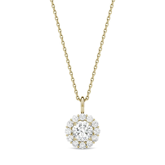 0.96 CTW DEW Round Forever One Moissanite Halo Necklace in 14K Yellow Gold