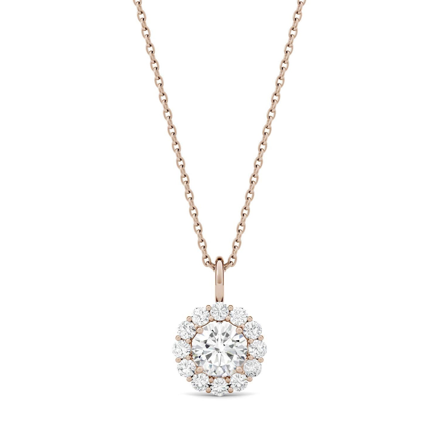0.96 CTW DEW Round Forever One Moissanite Halo Necklace in 14K Rose Gold