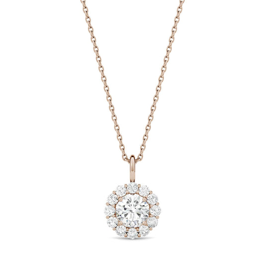 0.96 CTW DEW Round Forever One Moissanite Halo Necklace in 14K Rose Gold
