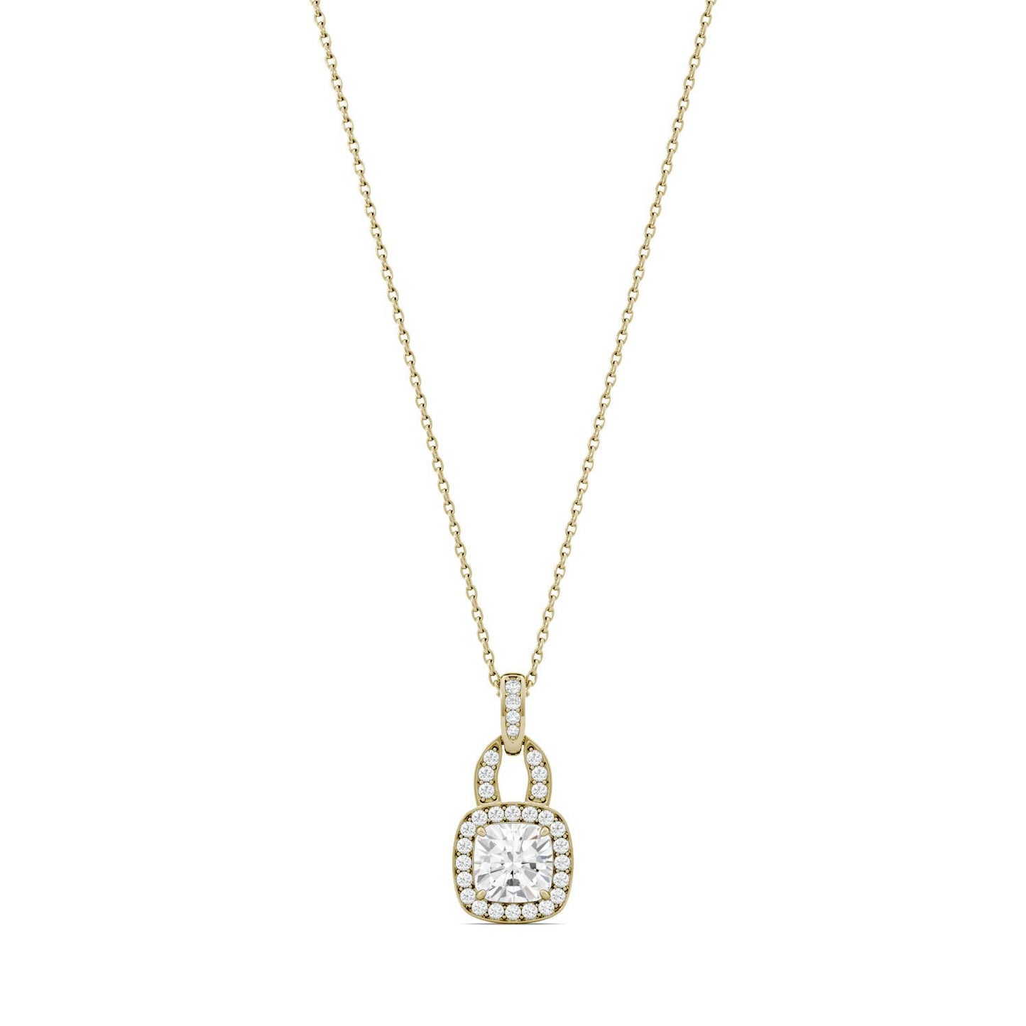 1.30 CTW DEW Cushion Forever One Moissanite Halo Necklace in 14K Yellow Gold