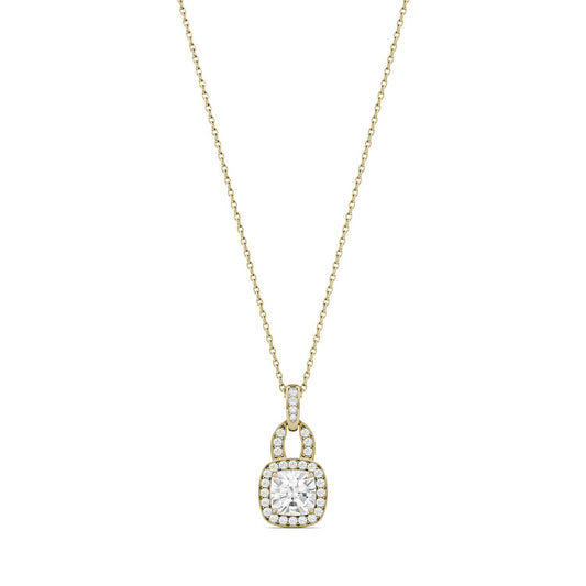 1.30 CTW DEW Cushion Forever One Moissanite Halo Necklace in 14K Yellow Gold