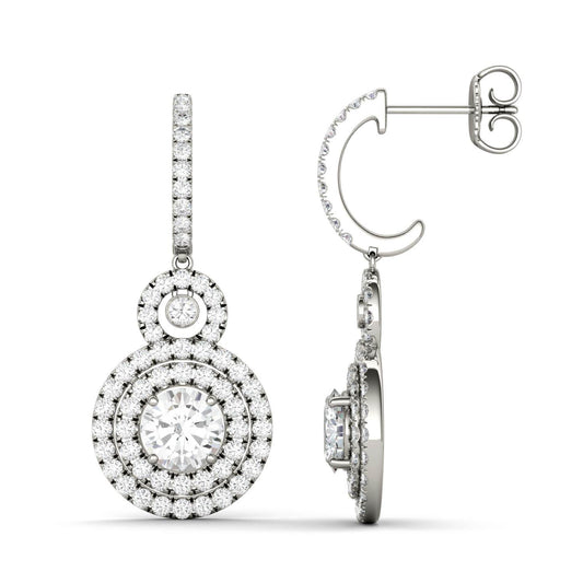 2.82 CTW DEW Round Forever One Moissanite Double Halo Drop Earrings in 14K White Gold