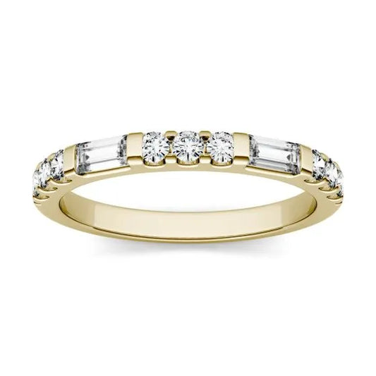 0.50 CTW DEW Straight Baguette Forever One Moissanite Multi Stone Channel Set Wedding Band in 14K Yellow Gold