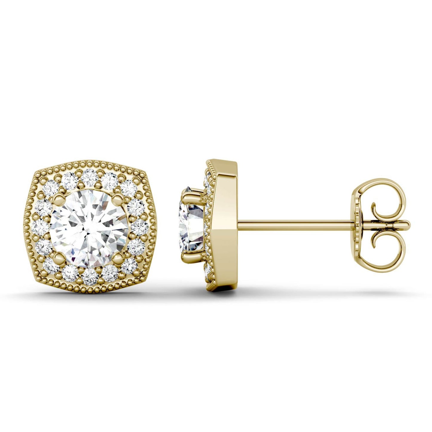 0.86 CTW DEW Round Forever One Moissanite Milgrain Halo Earrings in 14K Yellow Gold