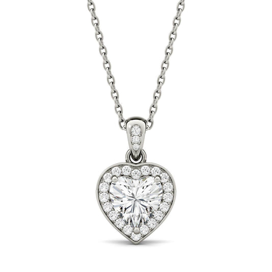0.95 CTW DEW Heart Forever One Moissanite Bezel Set Halo Pendant in 14K White Gold