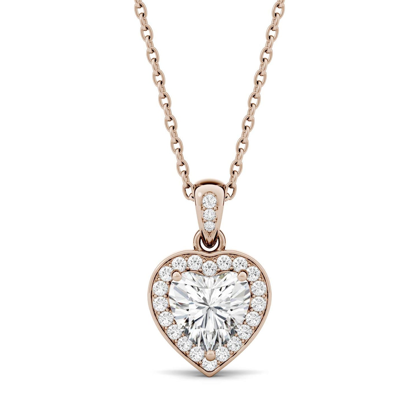 0.95 CTW DEW Heart Forever One Moissanite Bezel Set Halo Pendant in 14K Rose Gold