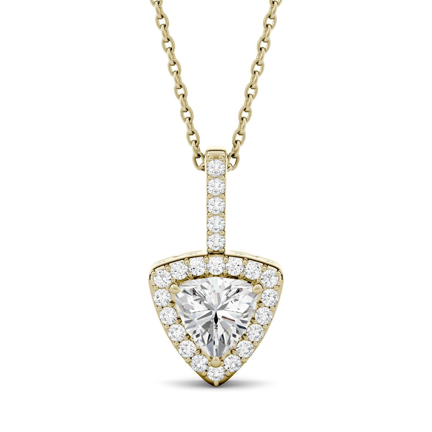 1.18 CTW DEW Trillion Forever One Moissanite Halo Pendant in 14K Yellow Gold