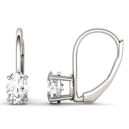 1.00 CTW DEW Oval Forever One Moissanite Leverback Earrings in 14K White Gold