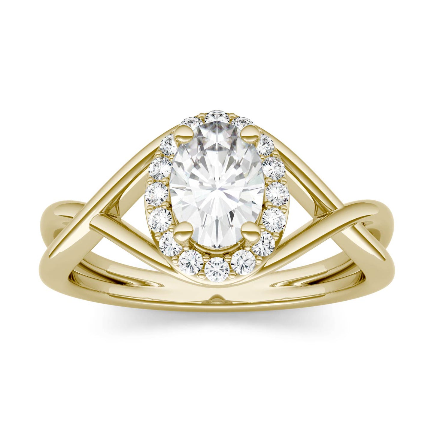 1.06 CTW DEW Oval Forever One Moissanite Halo Twist Ring in 14K Yellow Gold