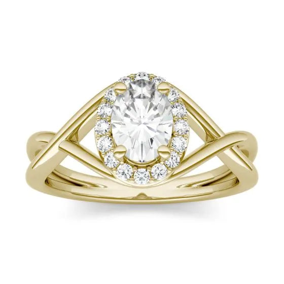 1.06 CTW DEW Oval Forever One Moissanite Halo Twist Ring in 14K Yellow Gold, SIZE 7.0