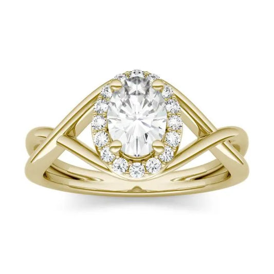 1.06 CTW DEW Oval Forever One Moissanite Halo Twist Ring in 14K Yellow Gold, SIZE 7.0