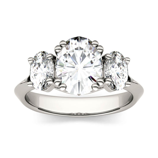 3.10 CTW DEW Oval Forever One Moissanite Three Stone Engagement Ring in 14K White Gold