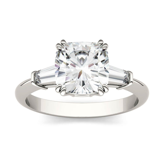 Forever One 2.65CTW DEW Cushion Colorless Moissanite Three Stone Engagement Ring in Platinum, SIZE 6.0