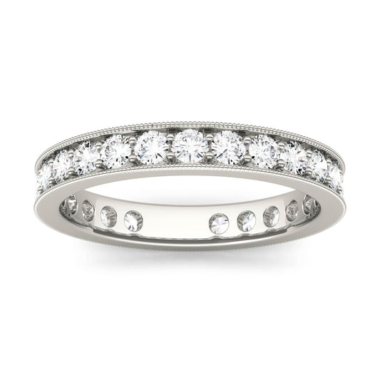 1.08 CTW DEW Round Forever One Moissanite Channel and Bead Set Milgrain Eternity Band in 14K White Gold