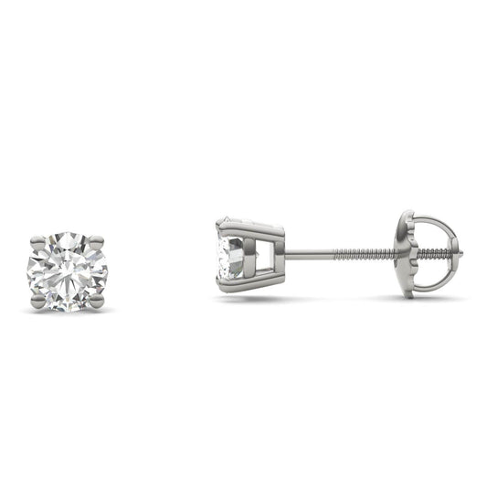 1.00 CTW DEW Round Forever One Moissanite Four Prong Screw-Back Earrings in 14K White Gold