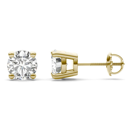 3.00 CTW DEW Round Forever One Moissanite Four Prong Screw-Back Earrings in 14K Yellow Gold