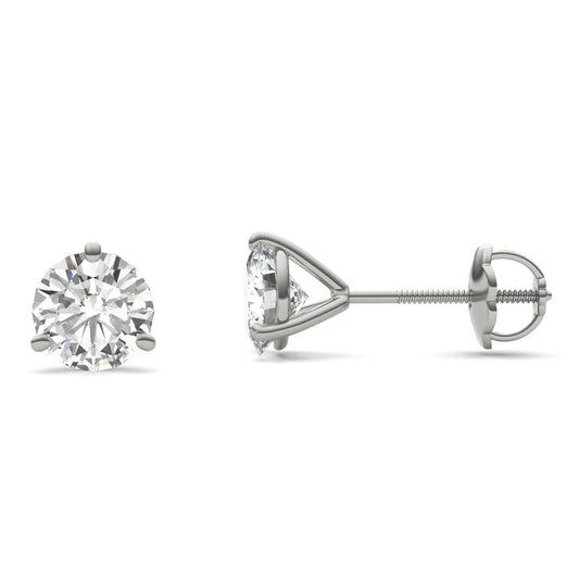 2.00 CTW DEW Round Forever One Moissanite Three Prong Martini Screw-Back Earrings in 14K White Gold