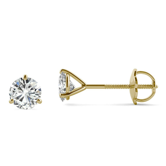 1.00 CTW DEW Round Forever One Moissanite Three Prong Martini Screw-Back Earrings in 14K Yellow Gold