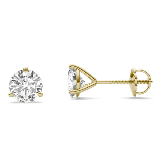 2.00 CTW DEW Round Forever One Moissanite Three Prong Martini Screw-Back Earrings in 14K Yellow Gold